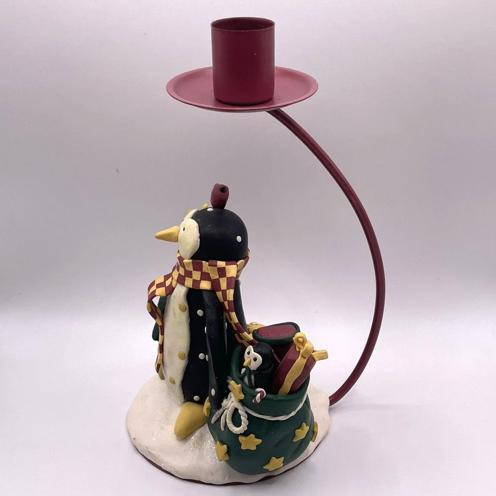 Decorative Winter Penguin‎ Figurine And Candle Stick Holder Polymer Clay